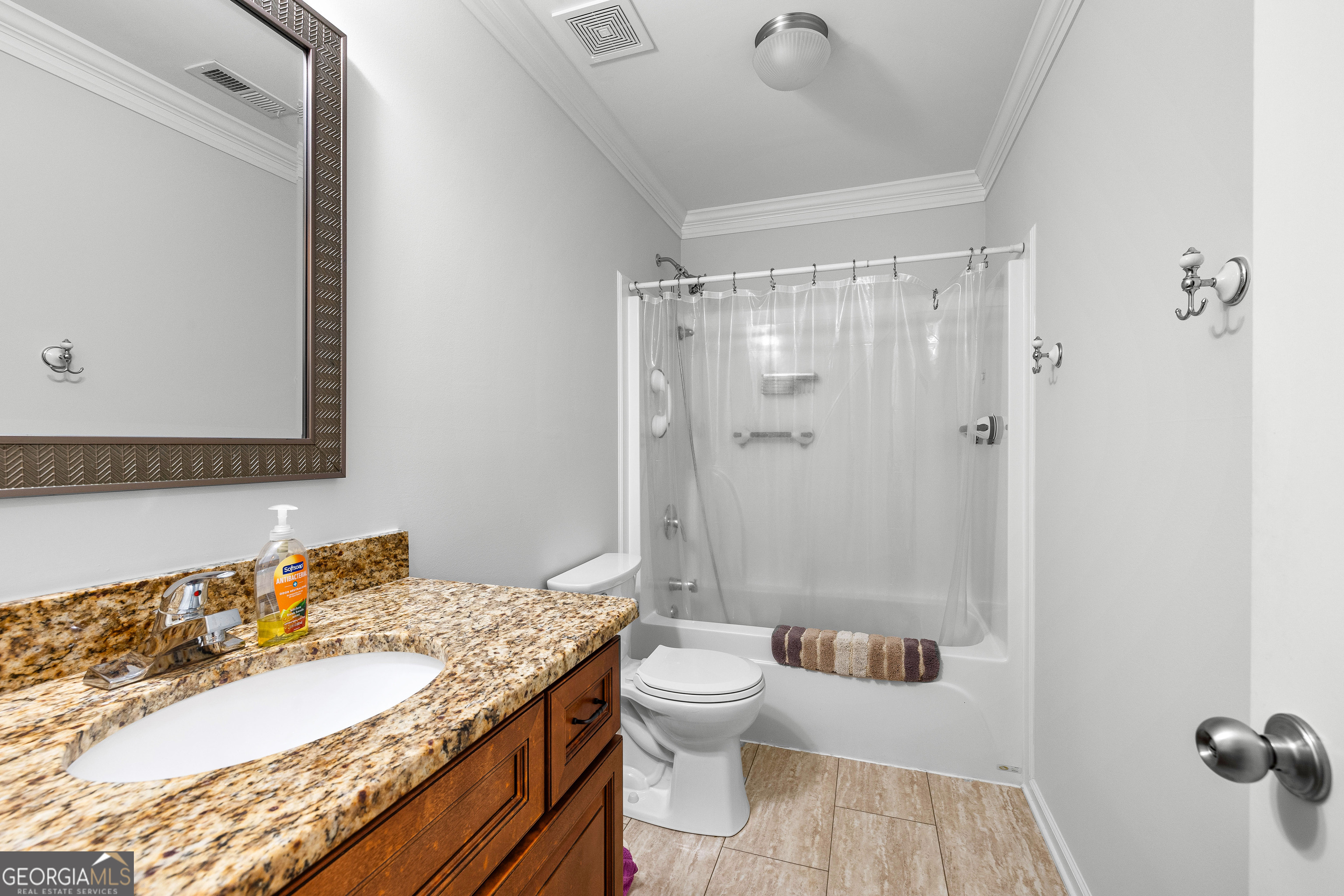 4 Buttonbush Court Newnan, GA 30265 - Photo 32 of 40 a bathroom with a granite countertop sink a toilet a mirror and shower