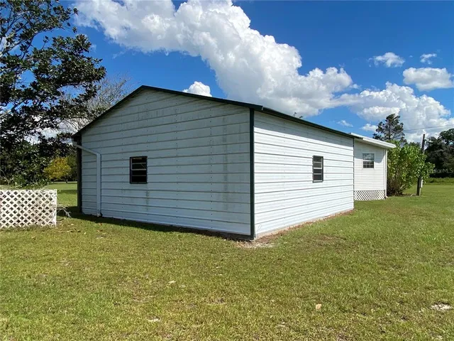 a view of a backyard with potted plants and a large tree