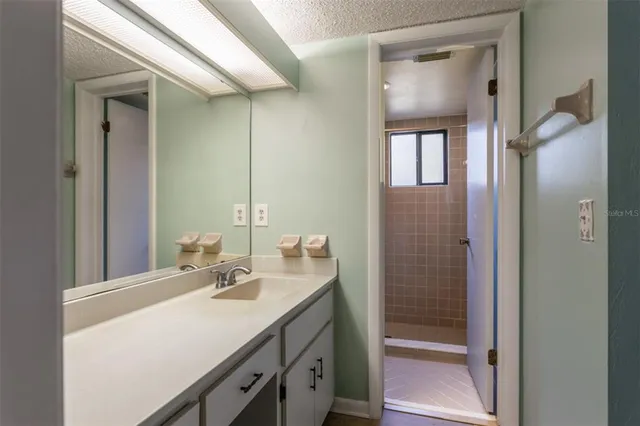 a bathroom with a sink vanity and a mirror