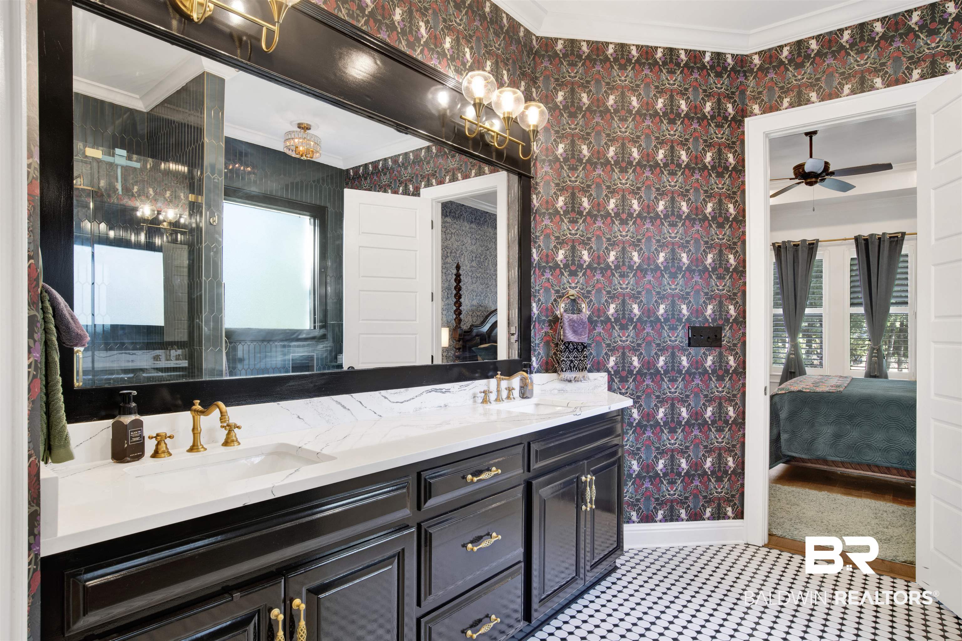 11116 Redfern Road Daphne, AL 36526 - Photo 44 of 46 Bathroom featuring wallpapered walls, ornamental molding, double vanity, ensuite bath, and healthy amount of natural light