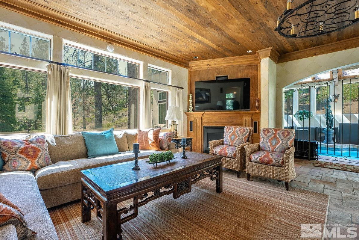 190 Yellow Jacket Road Glenbrook, NV 89413 - Photo 26 of 42 a living room with fireplace furniture and a flat screen tv