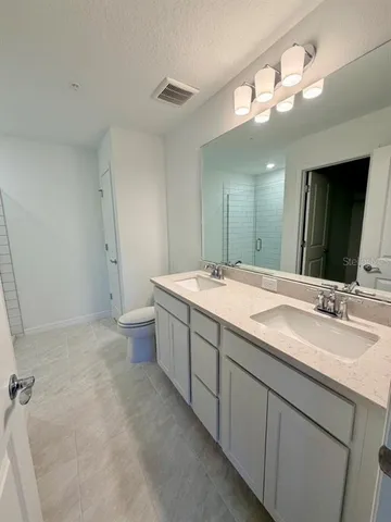 a bathroom with a double vanity sink toilet and a mirror
