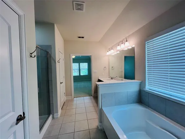 a bathroom with a tub shower and sink