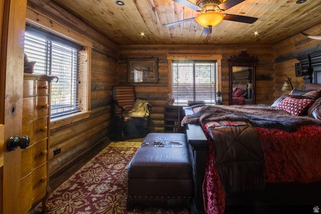 18906 North Canyon Road Whiterocks, UT 84085 - Photo 25 of 65 Bedroom with wooden ceiling, ceiling fan, rustic walls, and recessed lighting