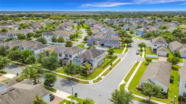 an aerial view of residential house with outdoor space and swimming pool
