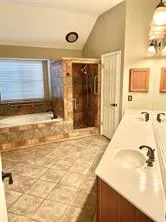 a bathroom with a tub shower and sink