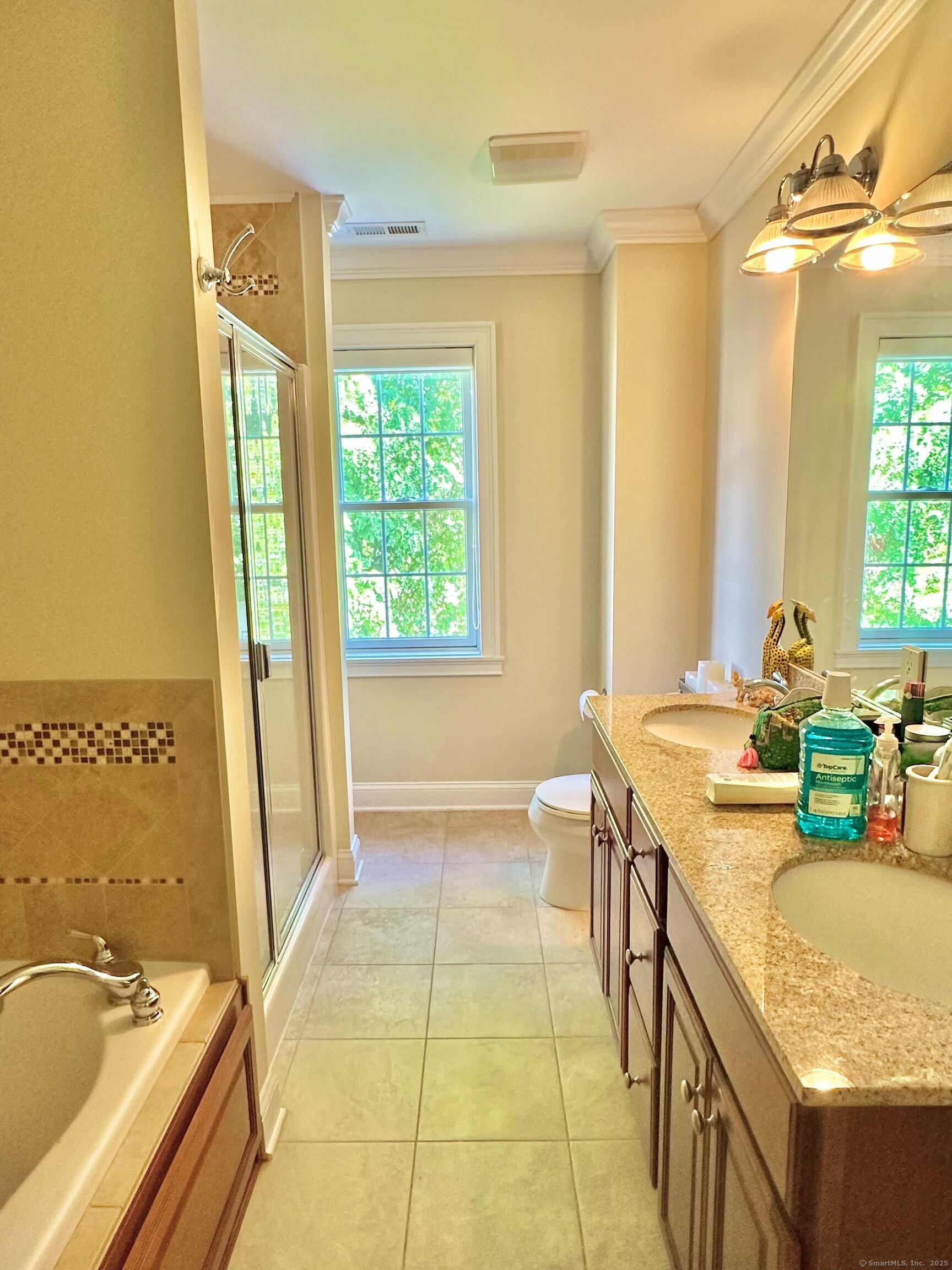 564 Black Rock Turnpike, Unit 564 Fairfield, CT 06825 - Photo 15 of 24 a bathroom with a granite countertop sink a mirror and a bathtub