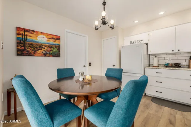 a view of a dining room with furniture