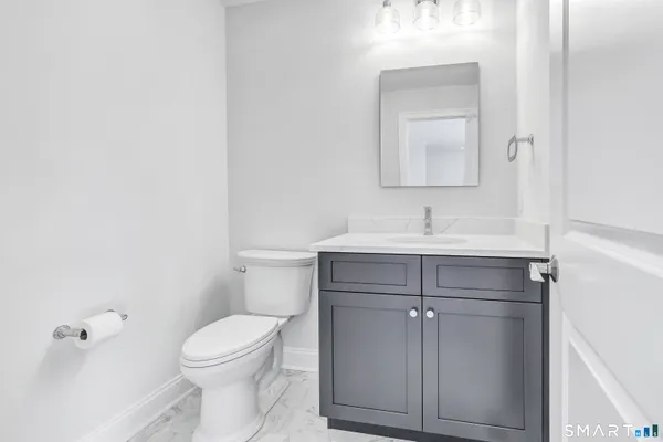 a bathroom with a sink vanity and toilet