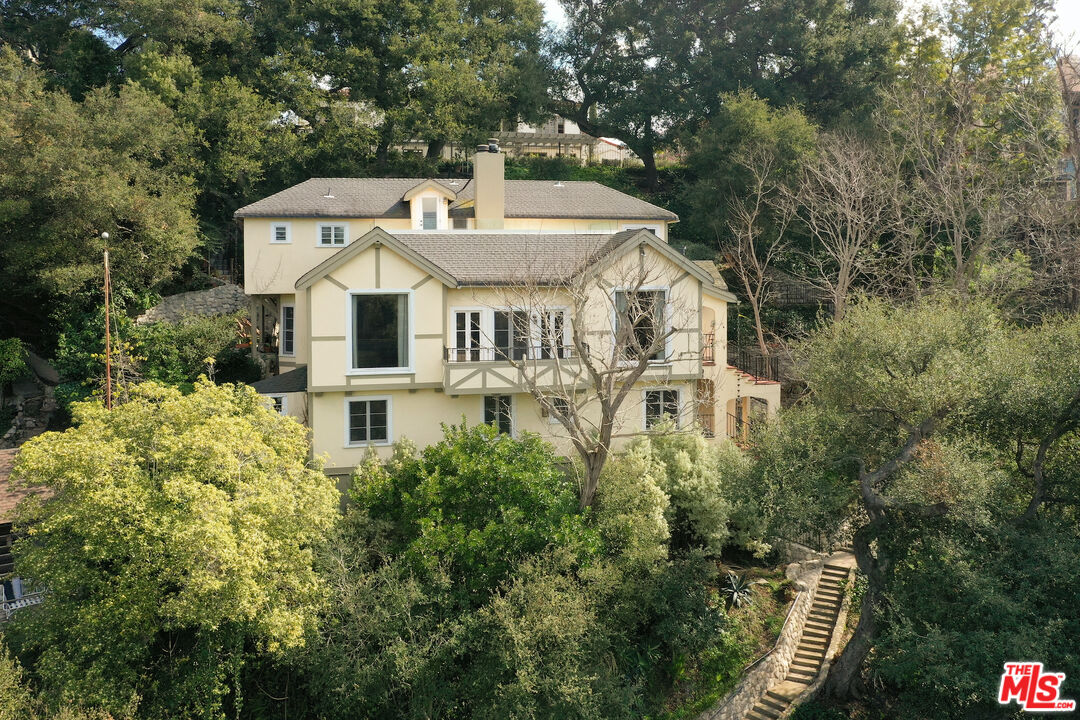 a aerial view of a house with a yard and potted plants