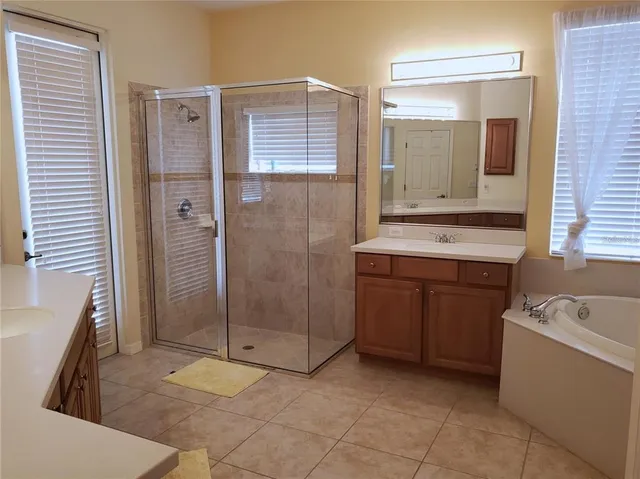 a bathroom with a tub sink and mirror