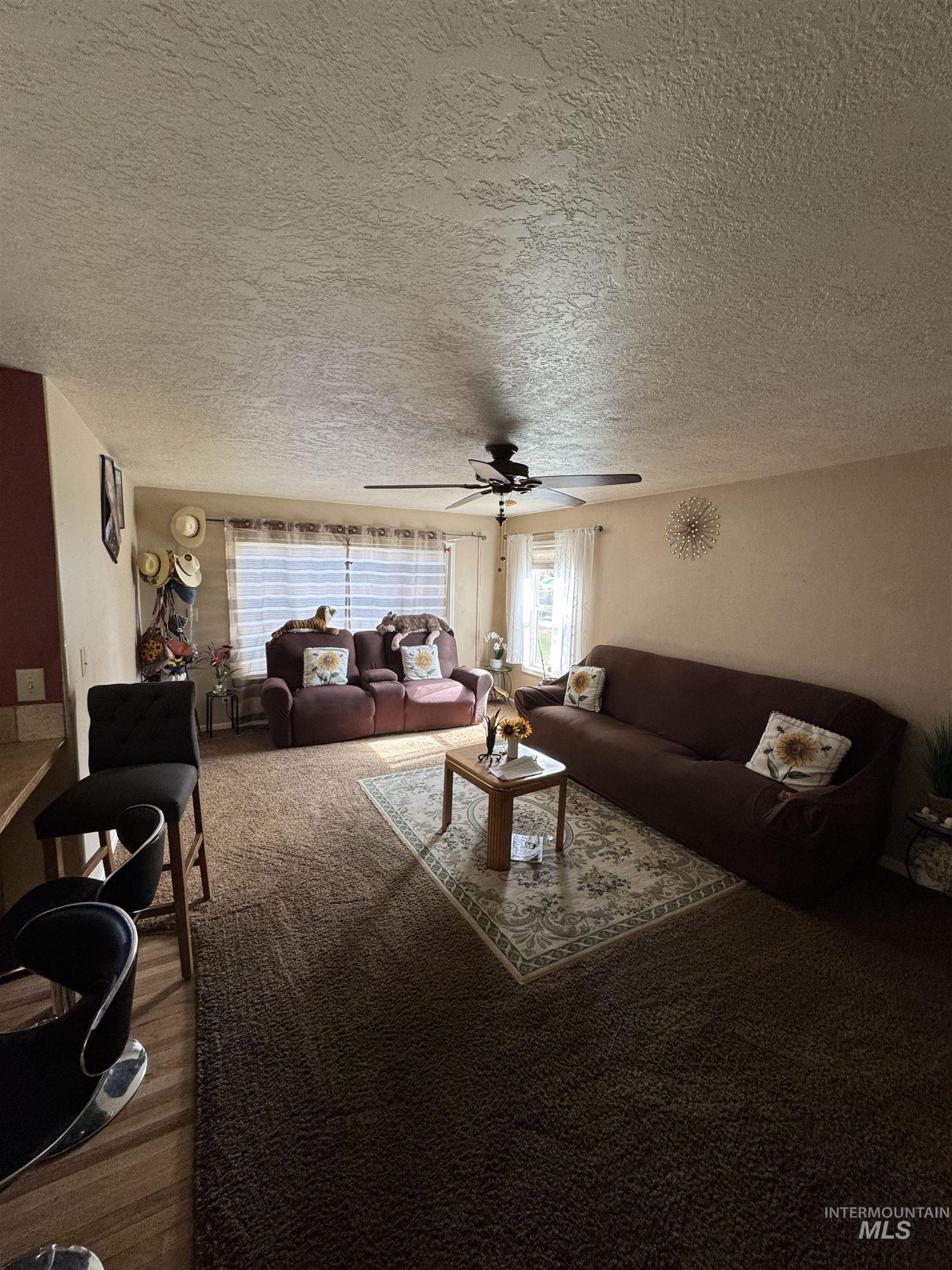 9101 South Powerline Road Nampa, ID 83686 - Photo 8 of 12 Living room featuring a textured ceiling, dark carpet, and a ceiling fan