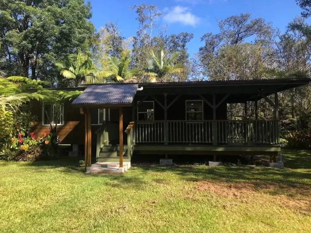 a view of a small yard in front of a house with a large tree