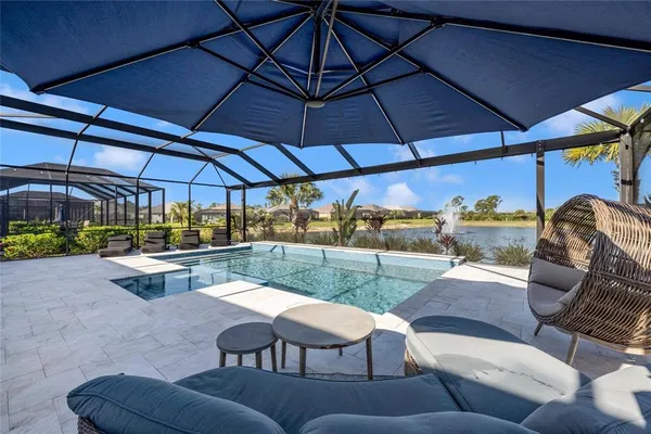 a view of house with swimming pool outdoor seating