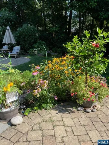 a view of a garden with a fountain