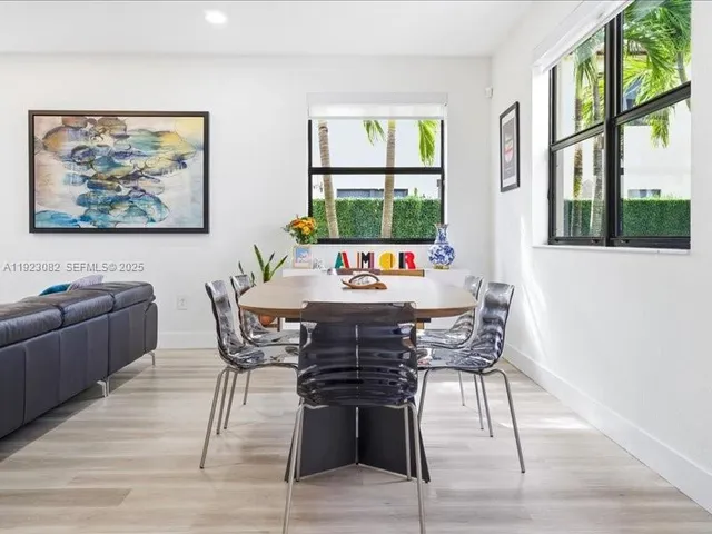 a view of a dining room with furniture large window and wooden floor
