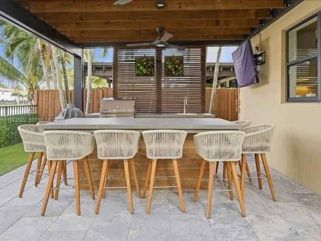 a dining area with furniture and outdoor view