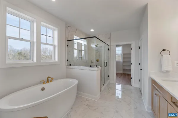 a bathroom with a bathtub and a shower