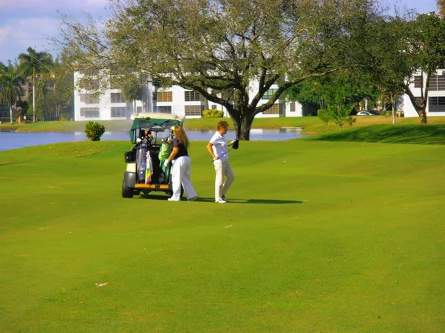 a view of a golf course with a lake