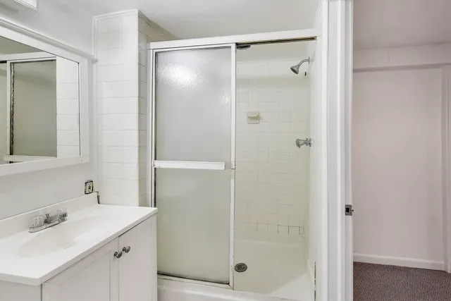 a bathroom with a shower sink vanity and mirror