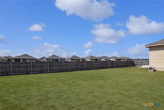 a view of a yard with a large tree in front of it