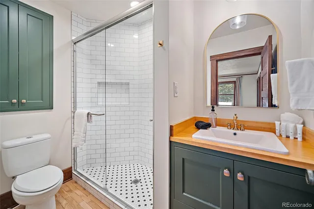 a bathroom with a sink a toilet and shower