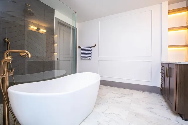 a bathroom with a bathtub