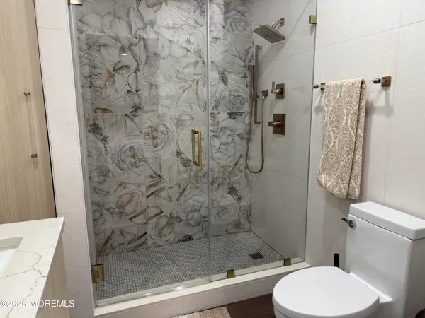 a bathroom with a shower and toilet