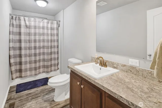 a bathroom with a sink a toilet and shower curtain
