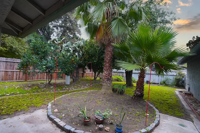 a view of a backyard with swimming pool