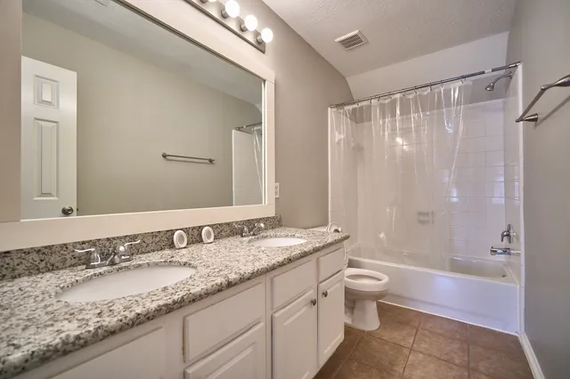 a bathroom with a granite countertop sink a toilet and shower