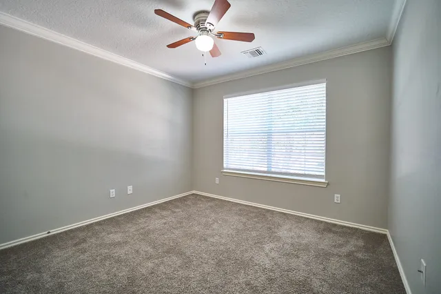 a view of a room with windows and ceiling fan