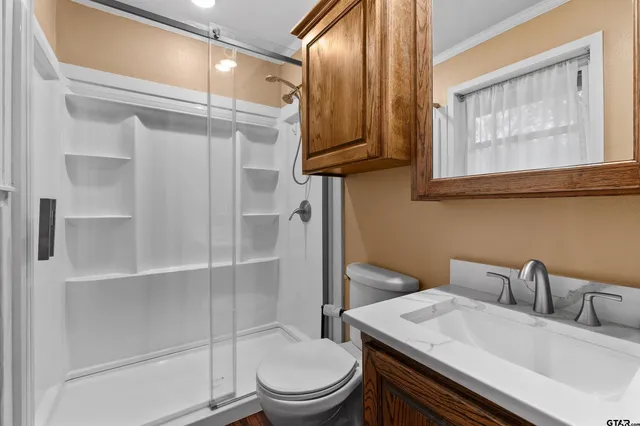 a bathroom with a granite countertop sink toilet and shower