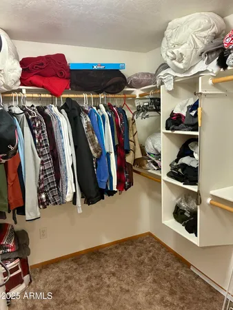 a view of walk in closet with clothes and shoes