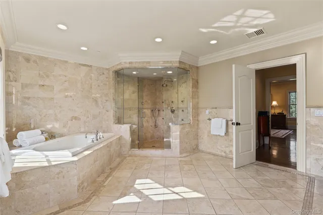 a bathroom with a bathtub and a shower