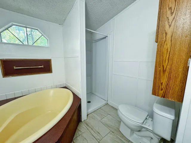 a bathroom with a tub and toilet
