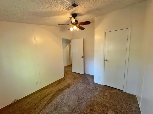 a view of a chandelier fan and closet in a room