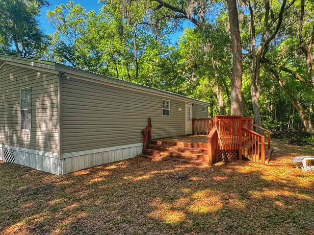 a view of a backyard with a tree