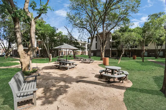 a view of a park with furniture
