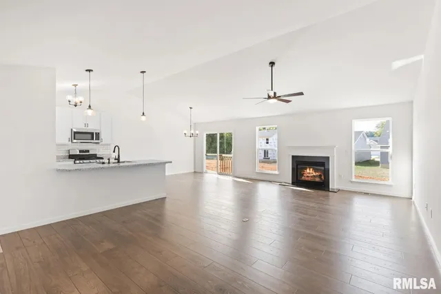 a view of empty room with wooden floor and fireplace