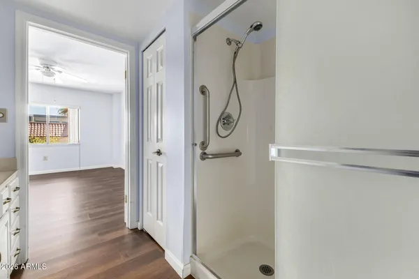 a bathroom with a shower