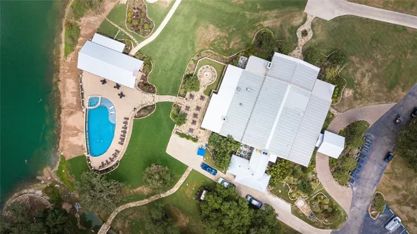 an aerial view of a swimming pool