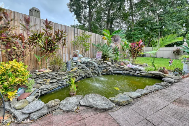 a view of a lake with a patio