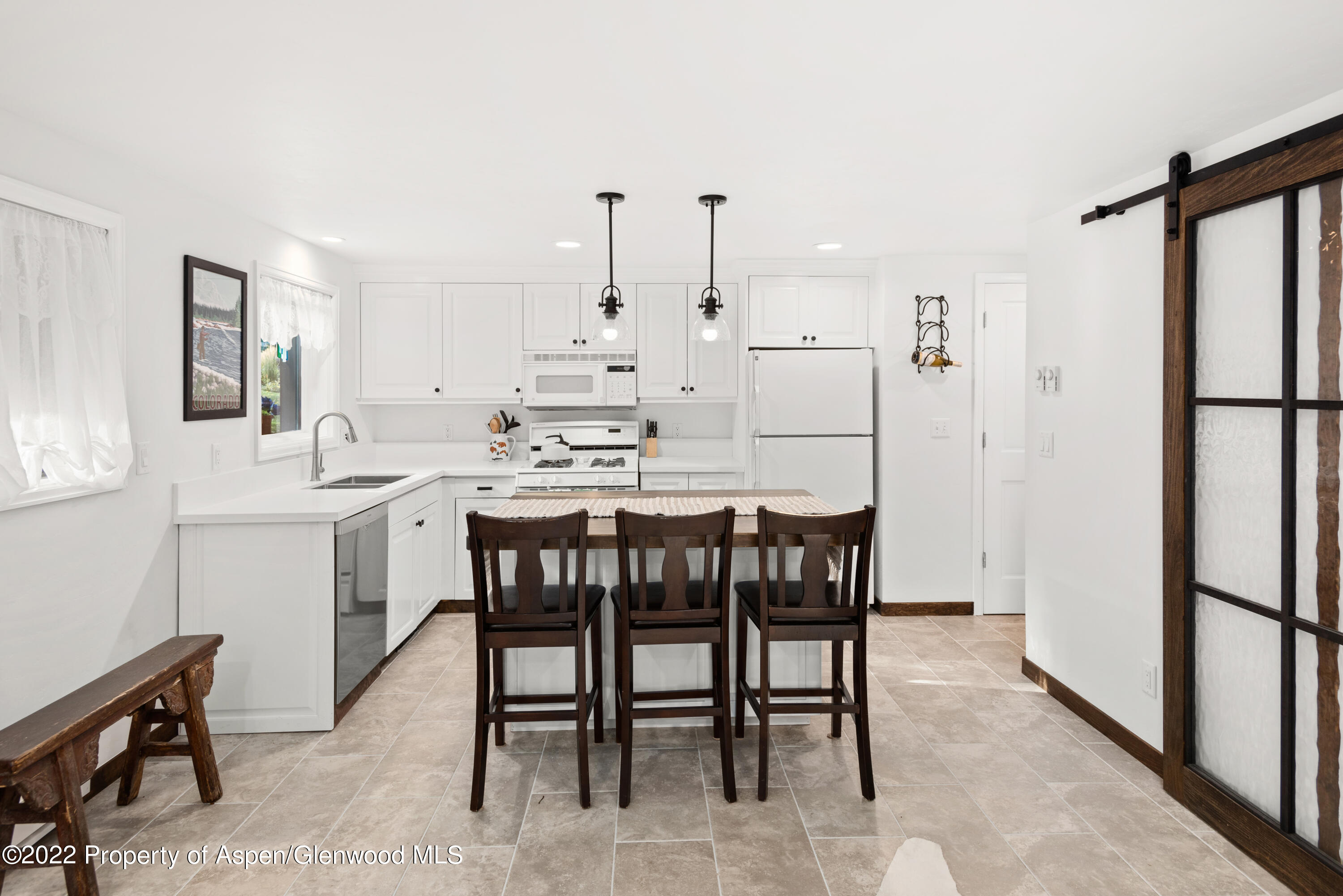 950 East Durant Avenue, Unit 2 Aspen, CO 81611 - Photo 7 of 14 a kitchen with stainless steel appliances granite countertop a dining table chairs cabinets a sink and a refrigerator