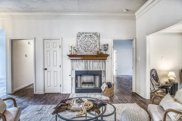 a living room with furniture and a fireplace