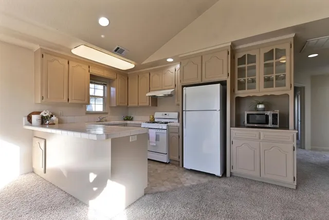 a kitchen with a refrigerator sink and cabinets
