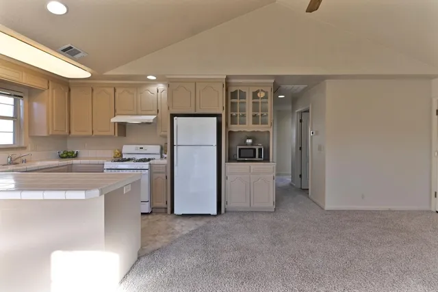 a kitchen with a refrigerator a sink and a stove