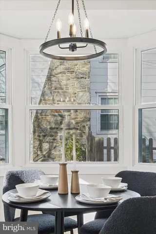 a view of a dining room with furniture window and outside view