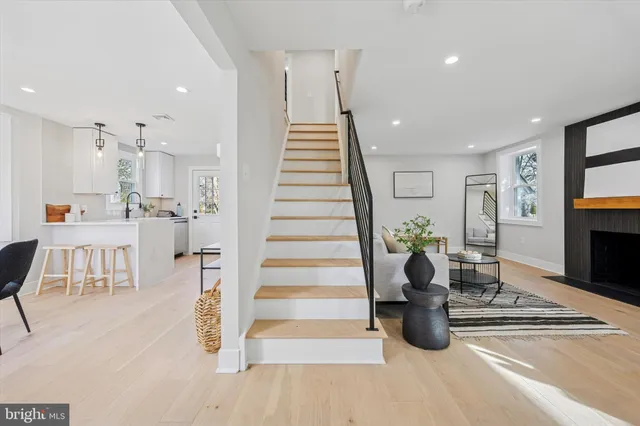 a living room with furniture potted plant and a fireplace