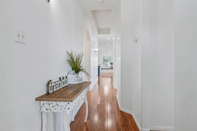 a view of a hallway with wooden floor and a potted plant